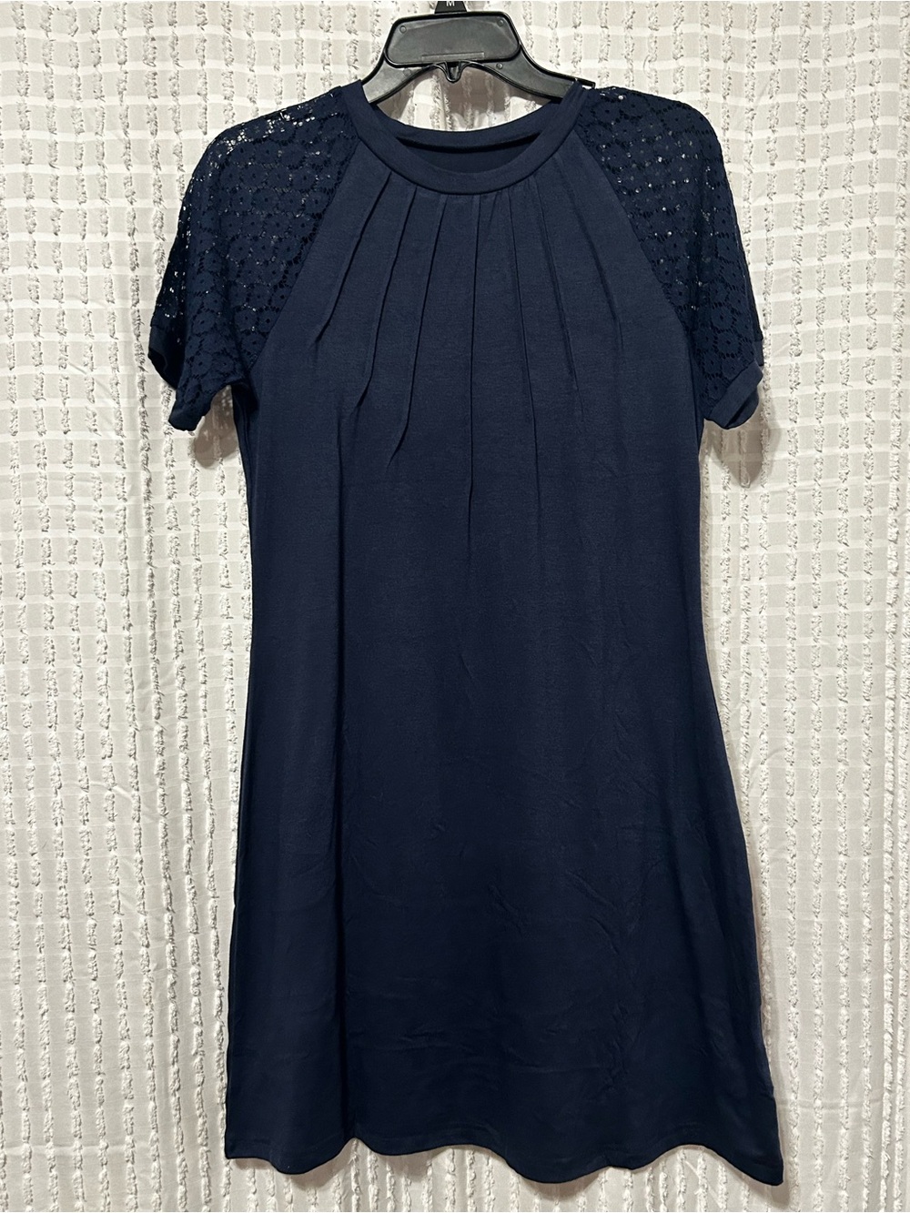 Navy Blue Lace Raglan Sleeve Pleated‎ Neckline Shift Dress Size S